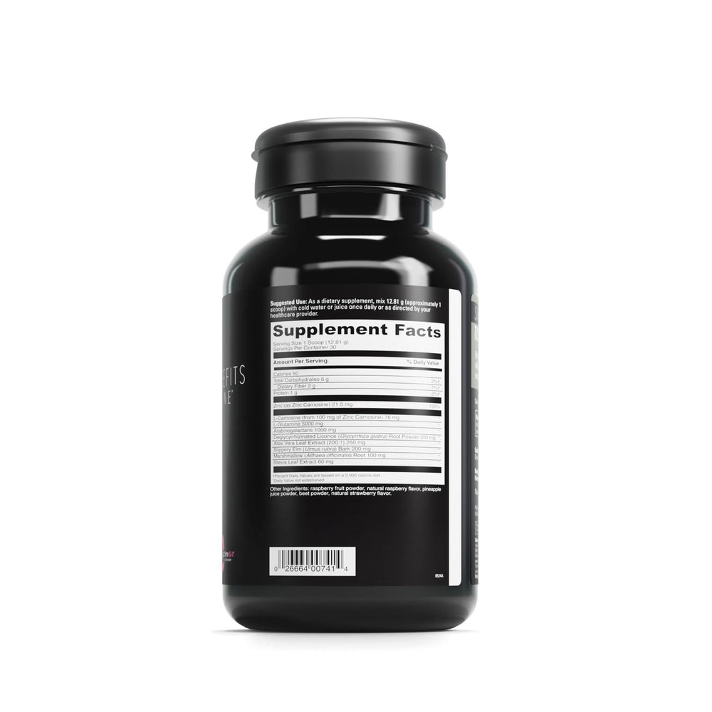 Close-up of ingredients highlighting zinc and L-Glutamine for gut wellness