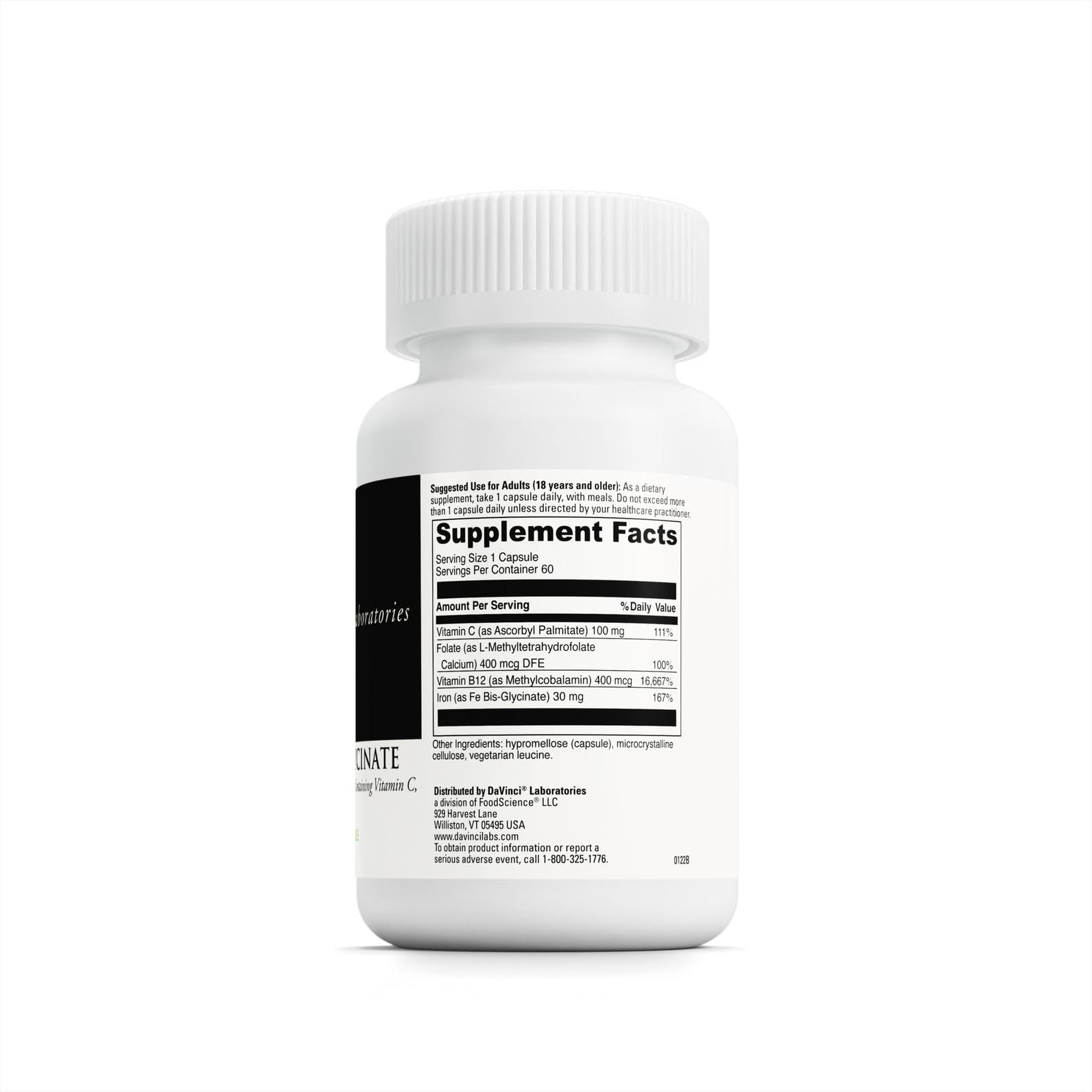 DaVinci Labs Iron Bis-Glycinate ingredient label highlights folate and B vitamins for balanced iron support.