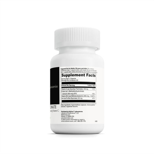 DaVinci Labs Iron Bis-Glycinate ingredient label highlights folate and B vitamins for balanced iron support.