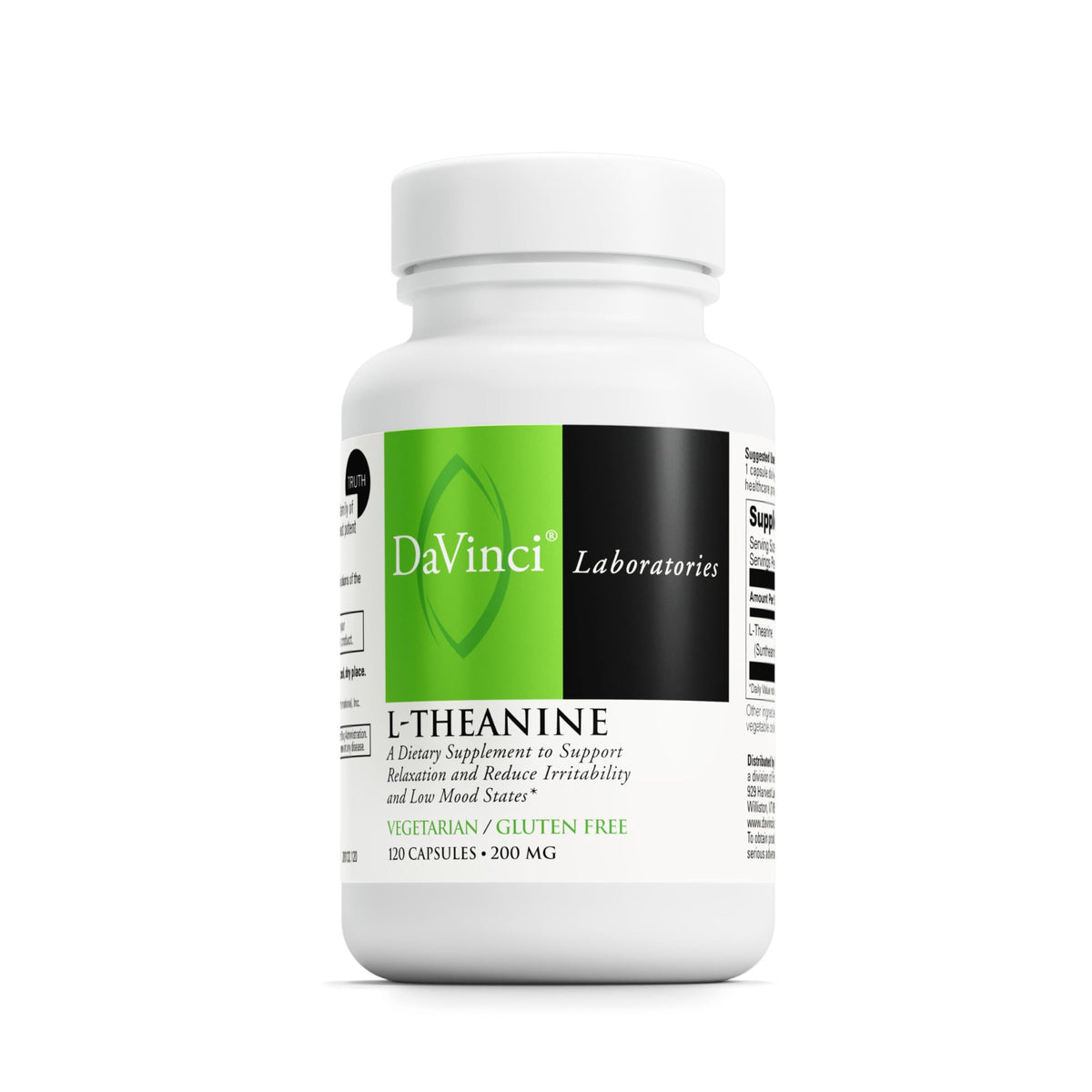 DaVinci L-Theanine bottle front view signaling calm focus support.