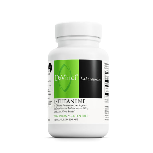 DaVinci L-Theanine bottle front view signaling calm focus support.