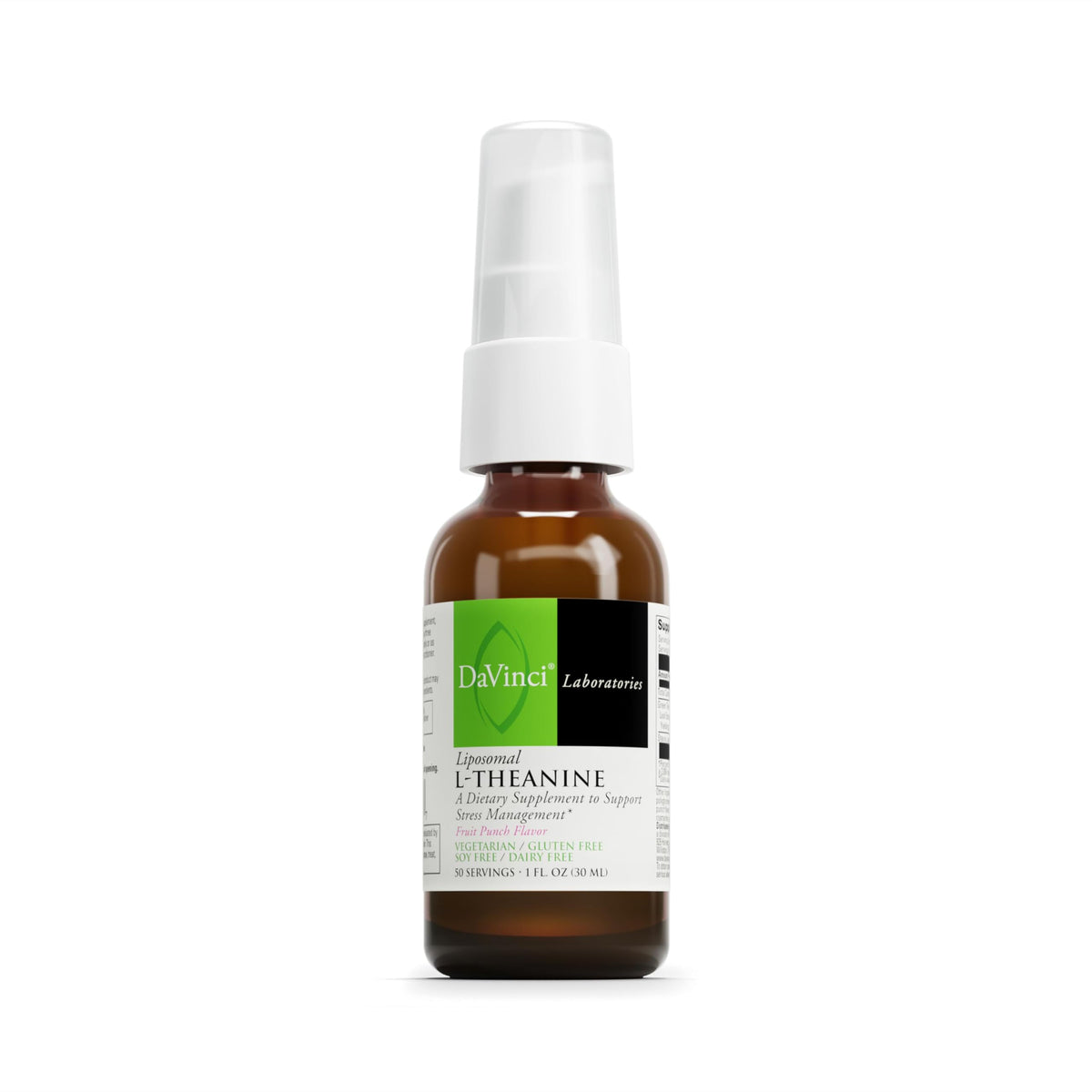 DAVINCI Labs Liposomal L-Theanine bottle with label highlighting calm focus