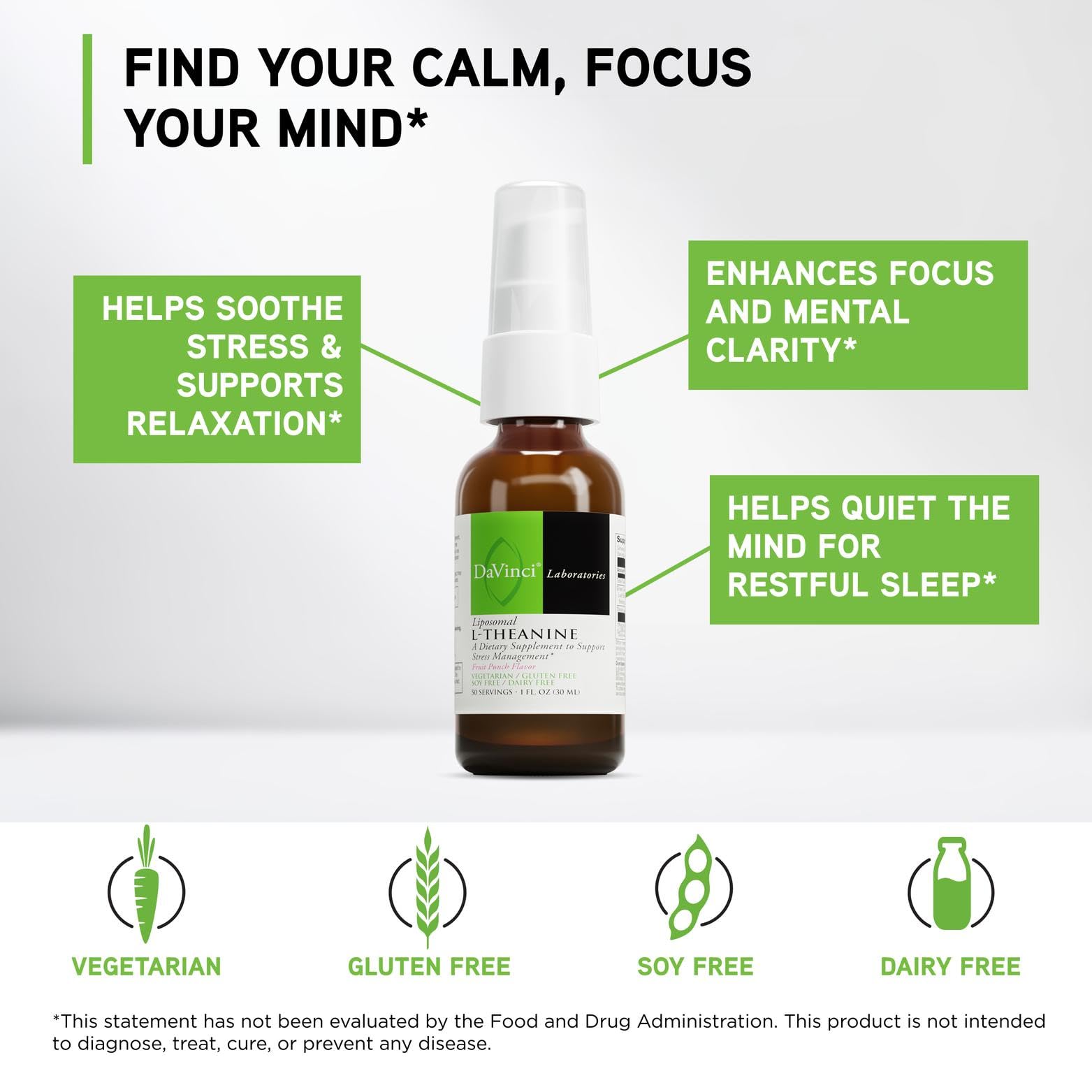 DAVINCI label close-up shows green tea-derived L-Theanine supporting balanced mood
