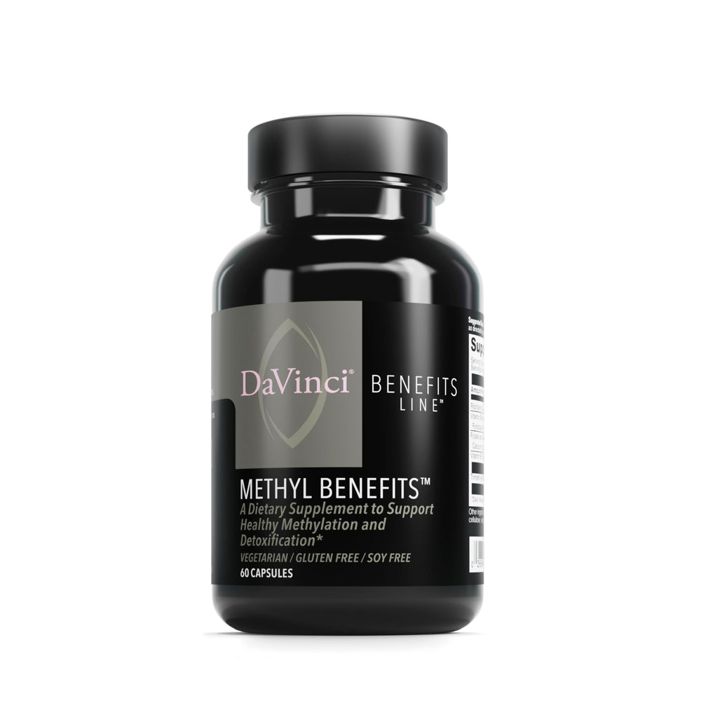 DaVinci Labs Methyl Benefits bottle front, gluten-free vegetarian capsules for methylation support
