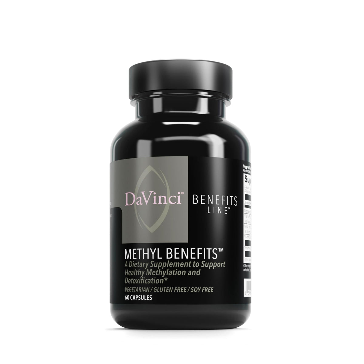 DaVinci Labs Methyl Benefits bottle front, gluten-free vegetarian capsules for methylation support