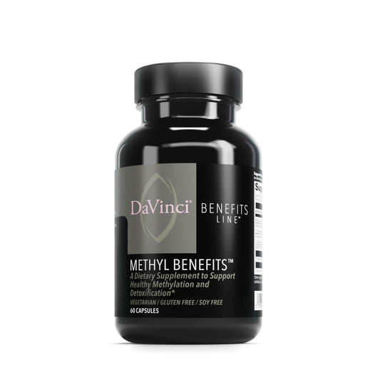 DaVinci Labs Methyl Benefits bottle front, gluten-free vegetarian capsules for methylation support