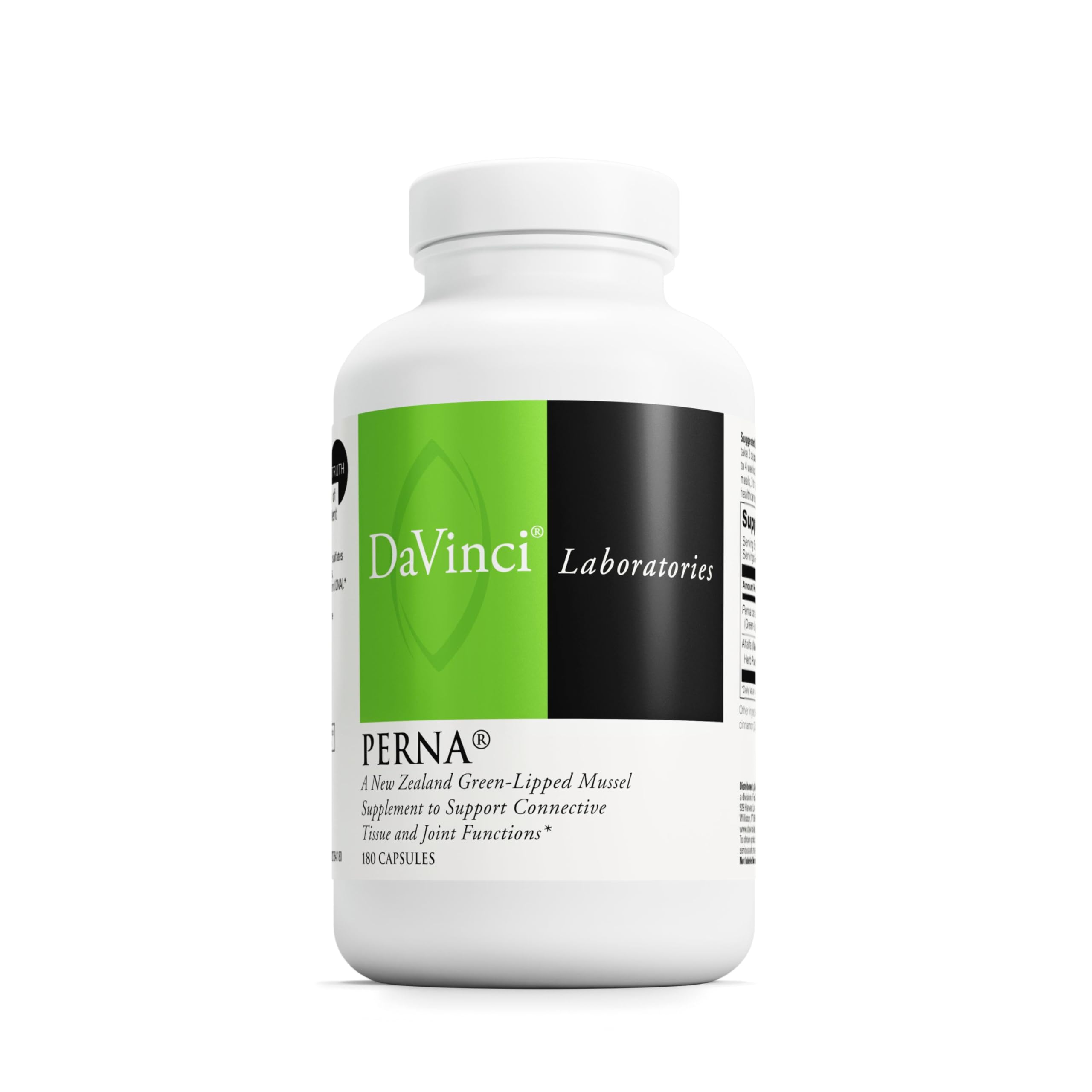 DAVINCI Labs Perna bottle closeup highlighting omega-rich joint support.