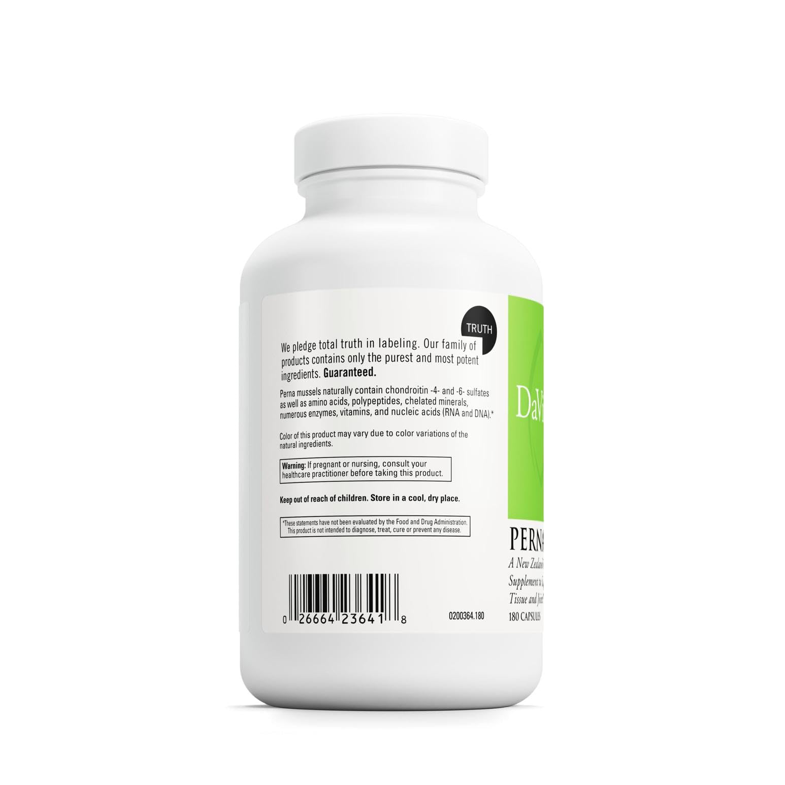 DAVINCI Labs Perna capsules on a clean surface illustrating glucosamine and chondroitin source for joints.