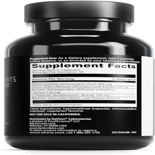 DaVinci Labs Sleep Benefits bottle highlights Shoden Ashwagandha for daily balance