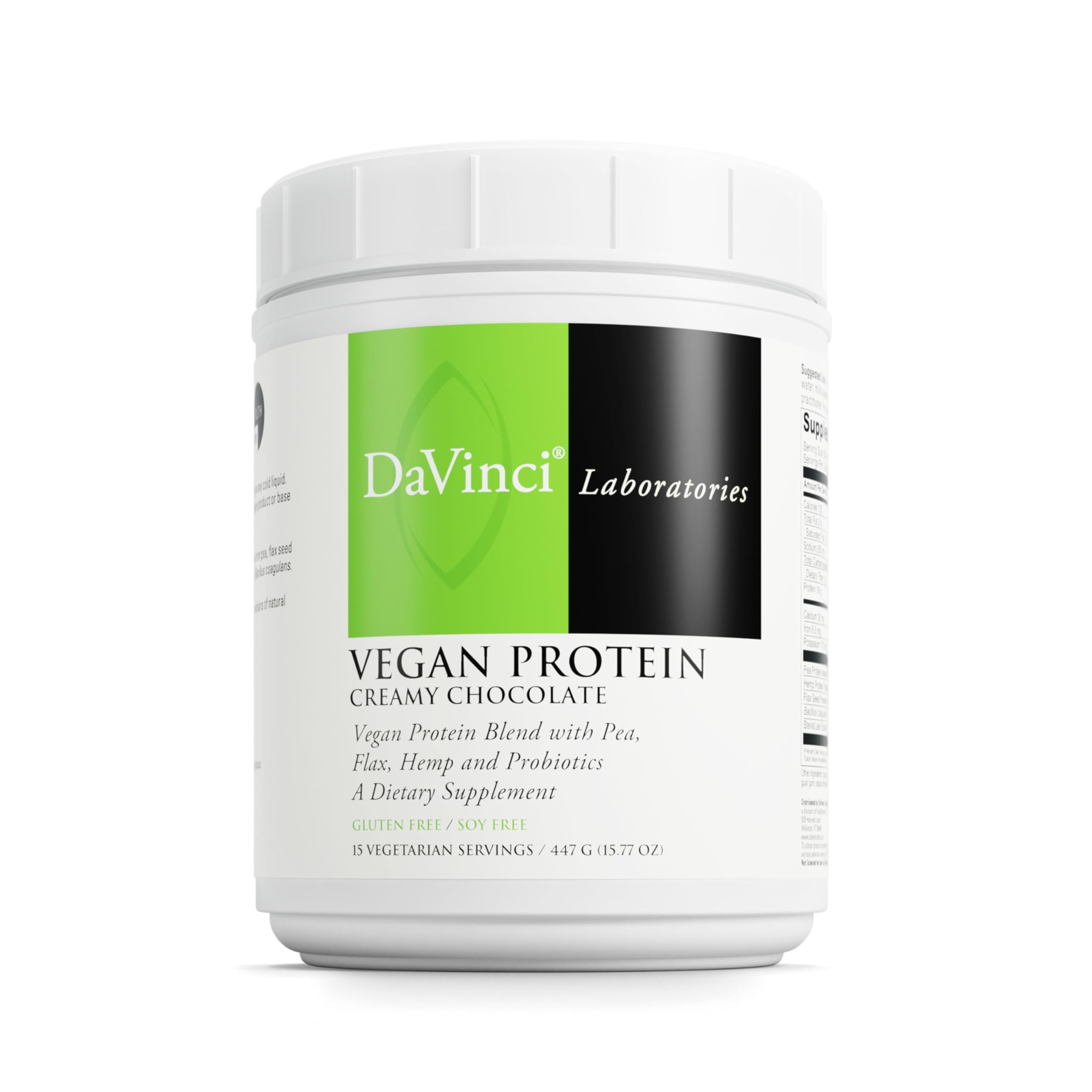 DaVinci Vegan Protein creamy chocolate shake powder bottle for post-workout recovery