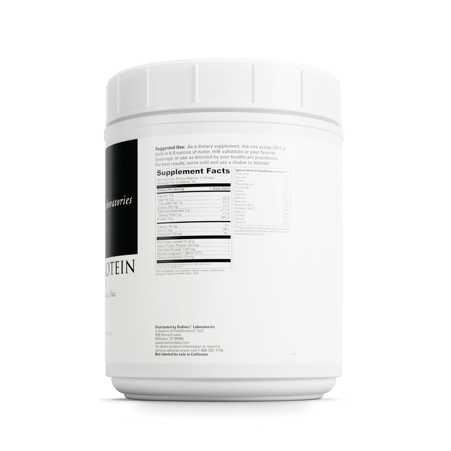 DAVINCI Labs Vegan Protein Creamy Chocolate tub ready to shake for a smooth drink
