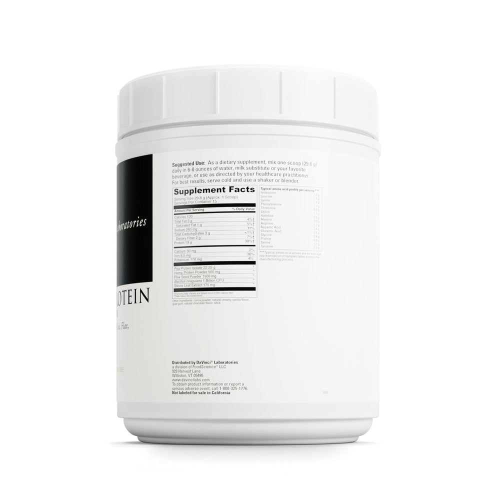 DAVINCI Labs Vegan Protein Creamy Chocolate tub ready to shake for a smooth drink