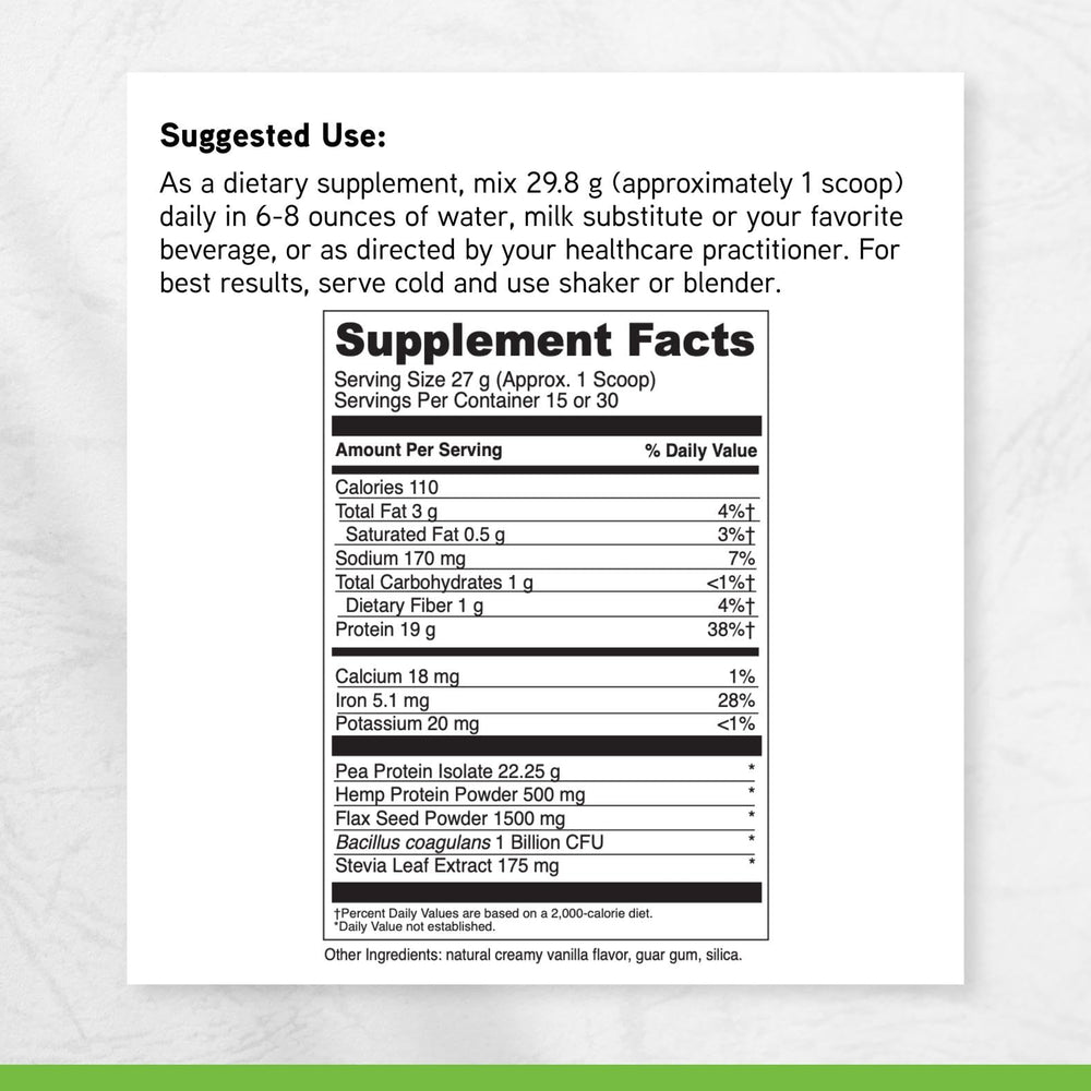 Dairy-free and gluten-free DAVINCI Vegan Protein formula in nutrition label