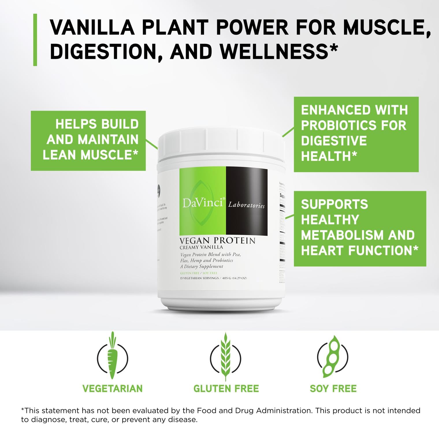 DaVinci Labs Vegan Protein package highlights probiotic blend for gut support