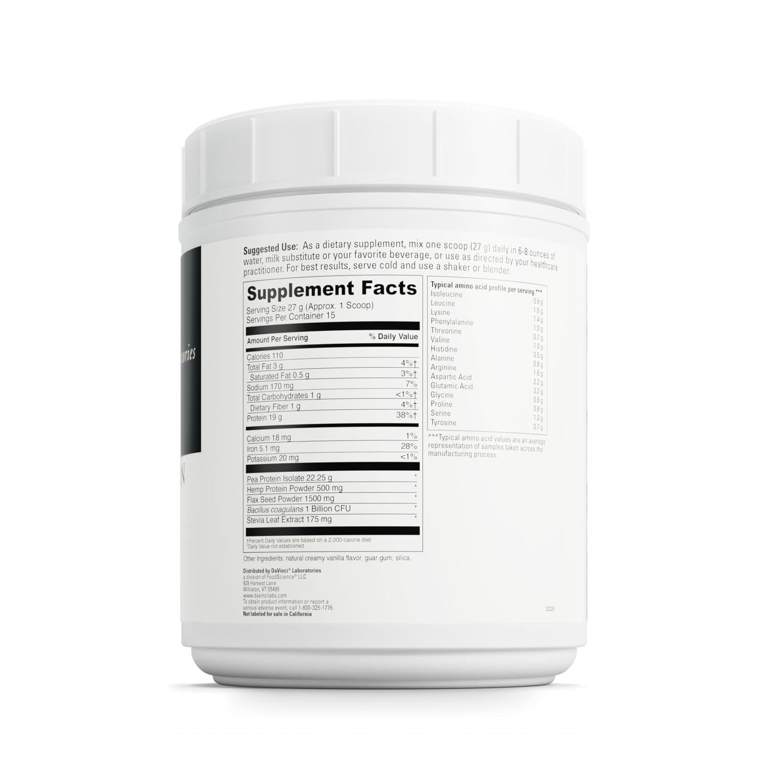 DaVinci Labs Vegan Protein shake glass showing creamy vanilla blend for smoothies