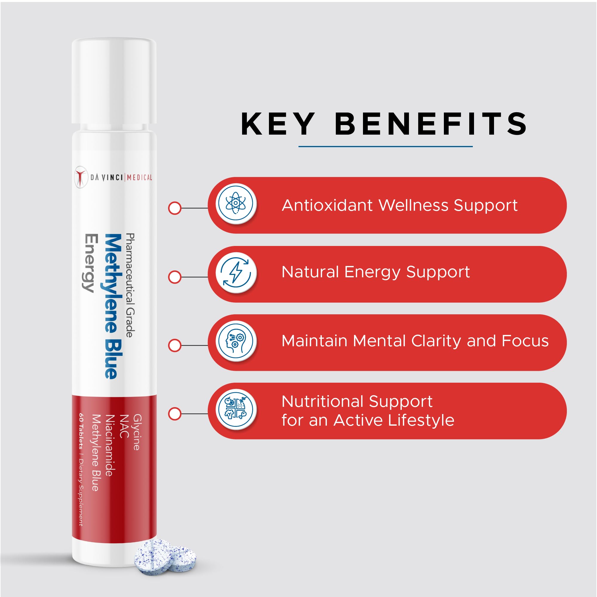 Pouring Da Vinci Medical Methylene Blue tablets for easy daily routine