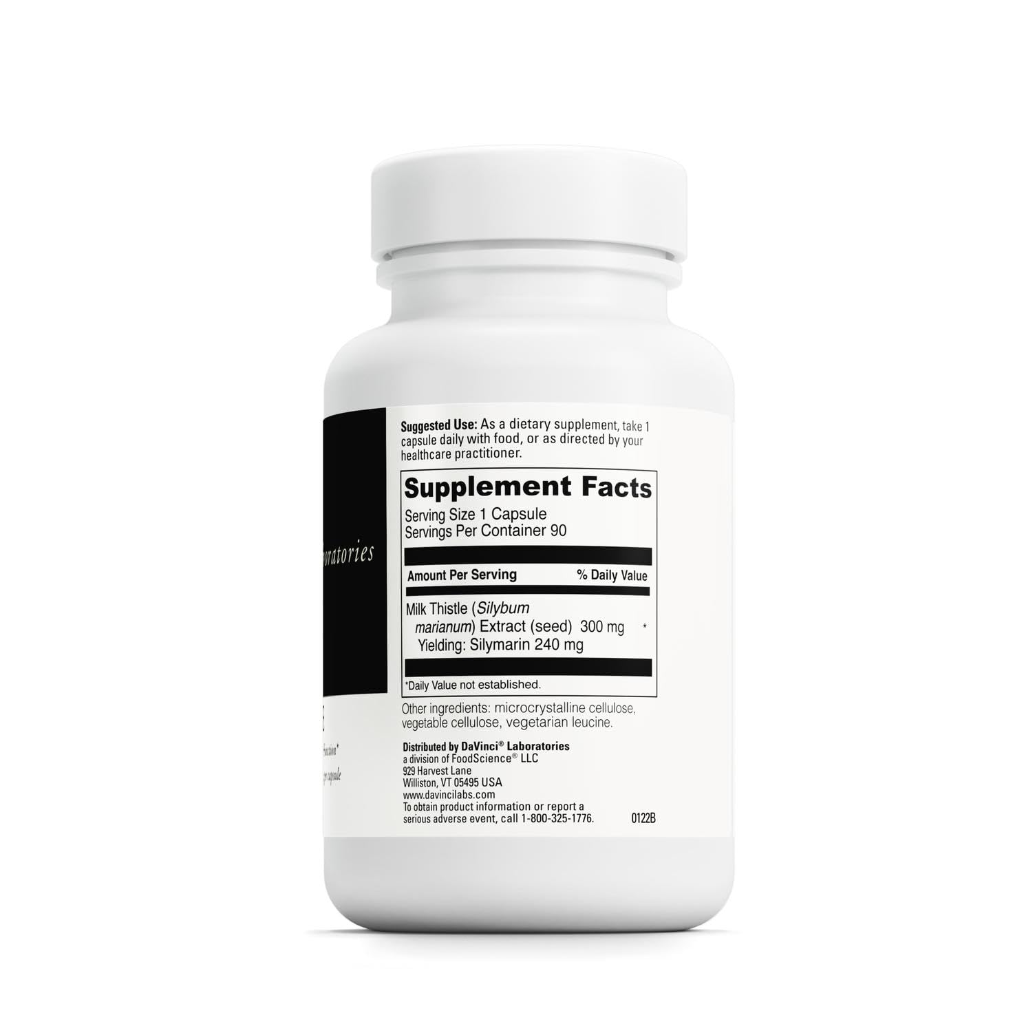 DAVINCI Milk Thistle bottle label close-up highlights silymarin content for liver support.