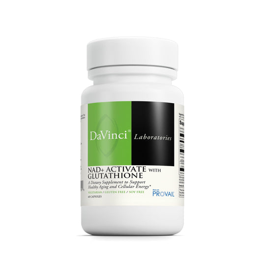 DAVINCI NAD+ Activate with Glutathione bottle displaying the two-in-one formula for daily energy.