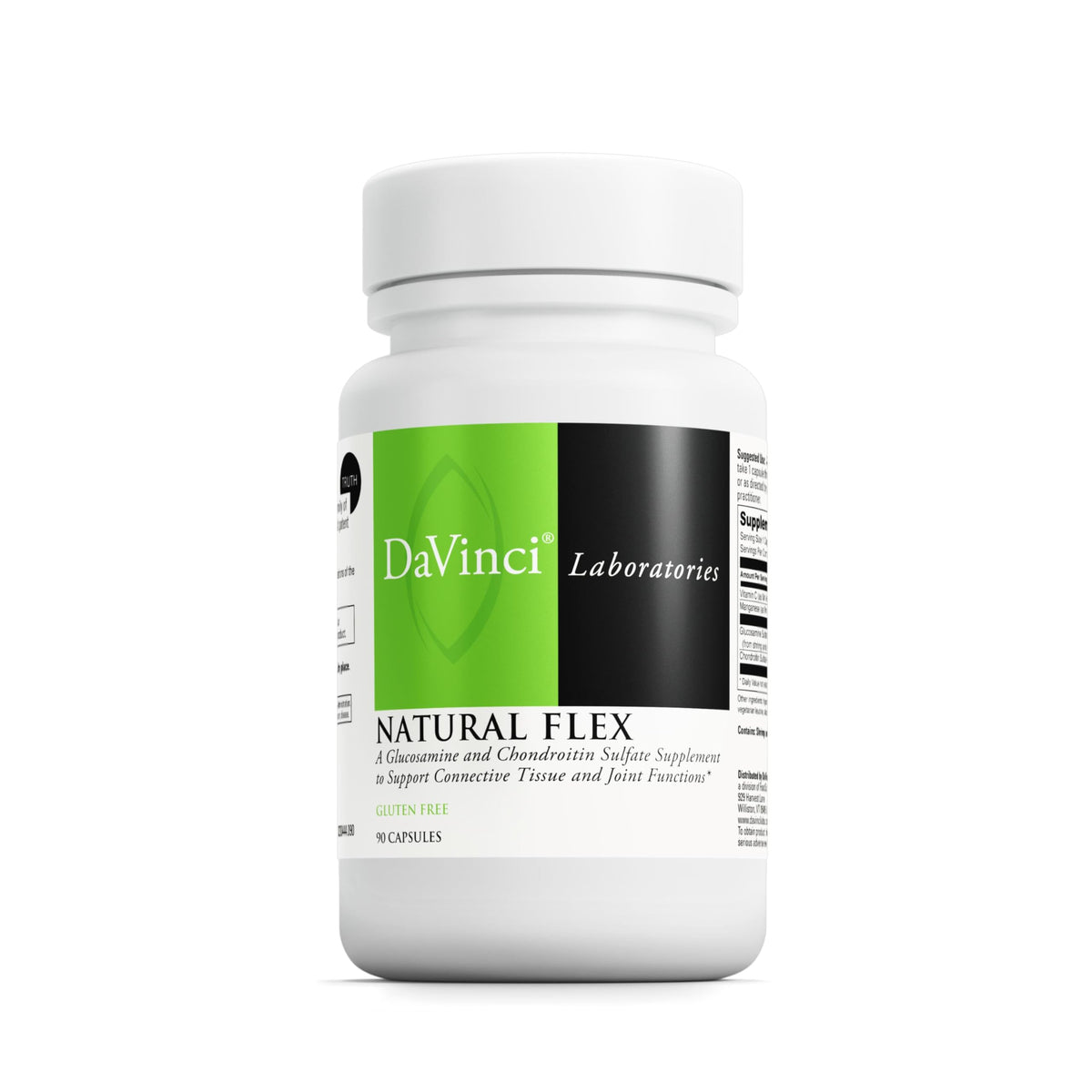 DAVINCI Natural Flex bottle showcases glucosamine and chondroitin for joint support.