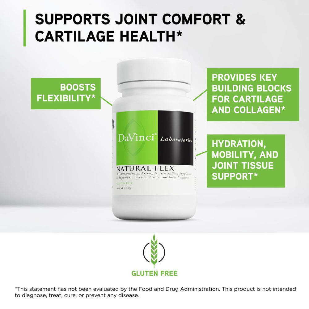 DAVINCI Natural Flex label closeup highlights gluten-free formula and key ingredients.