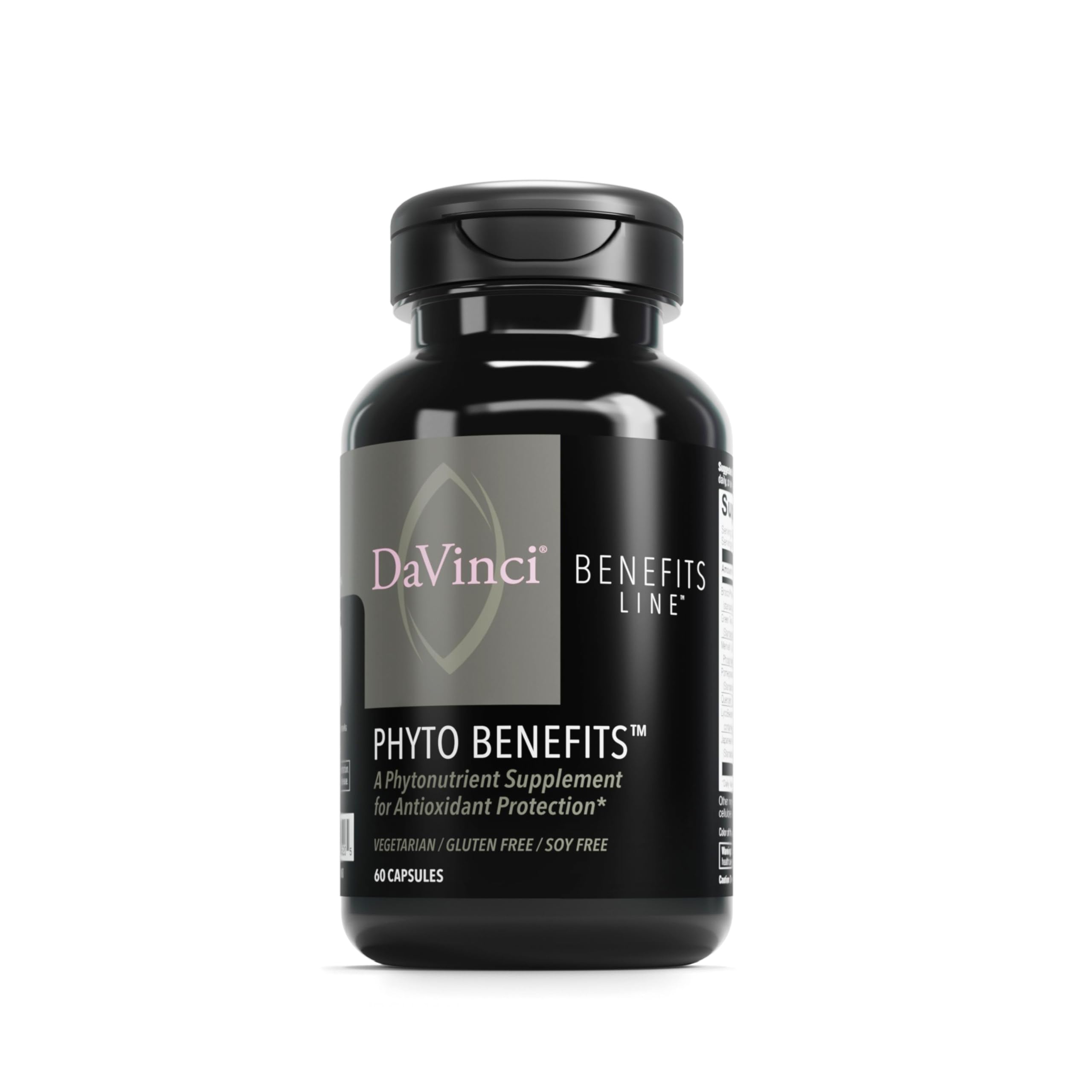 DAVINCI Phyto Benefits bottle top view highlights immune and heart support capsules.