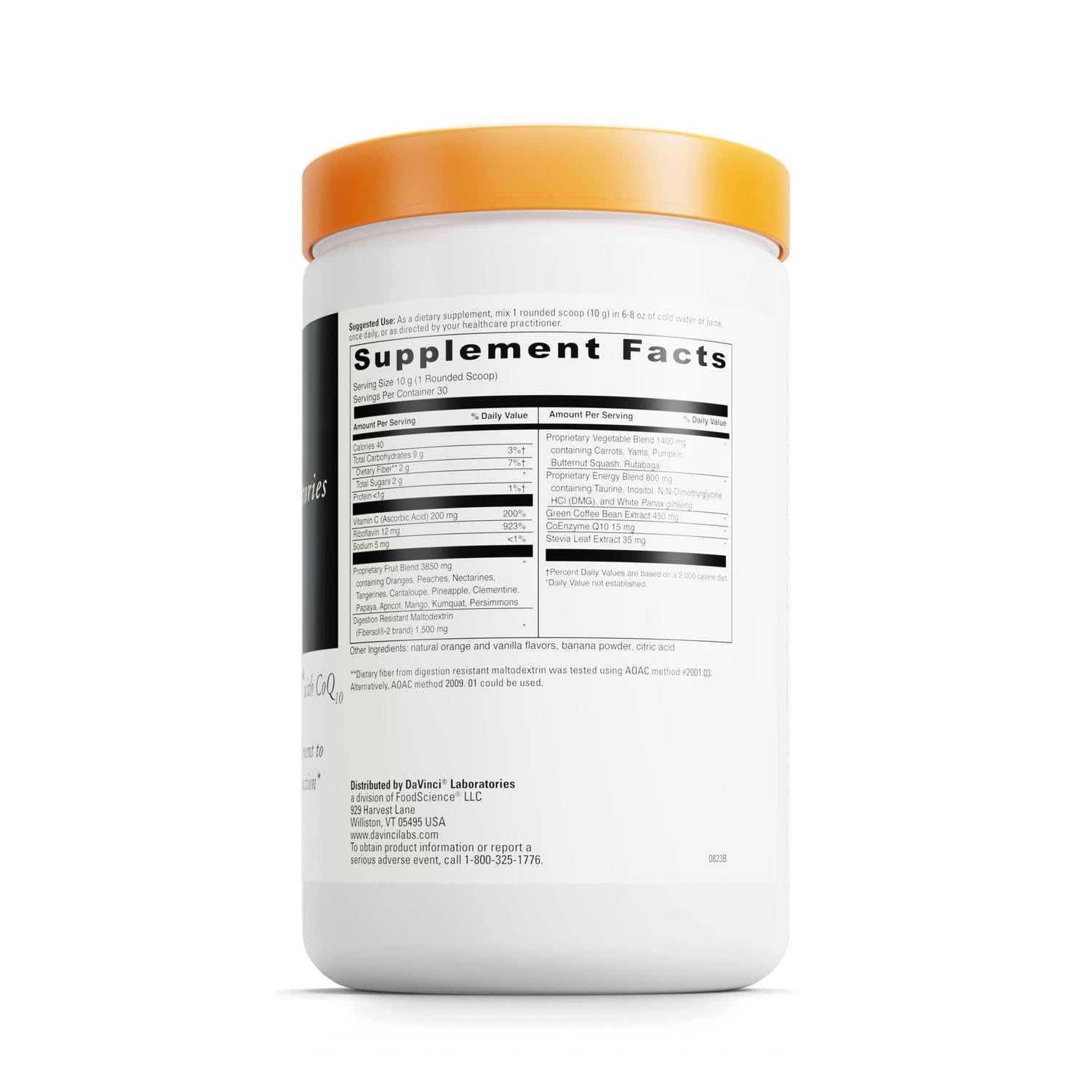 DaVinci Spectra Orange measuring scoop with powder ready to mix for focus.
