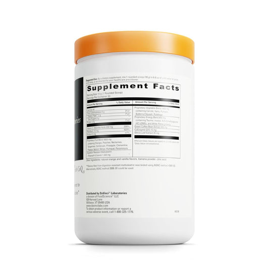 DaVinci Spectra Orange measuring scoop with powder ready to mix for focus.