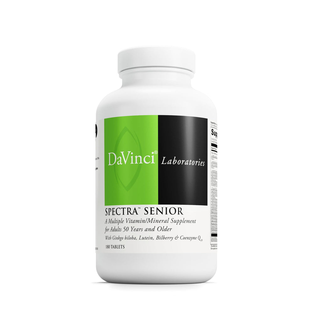 DAVINCI Spectra Senior bottle front view highlighting cardiovascular and antioxidant support.