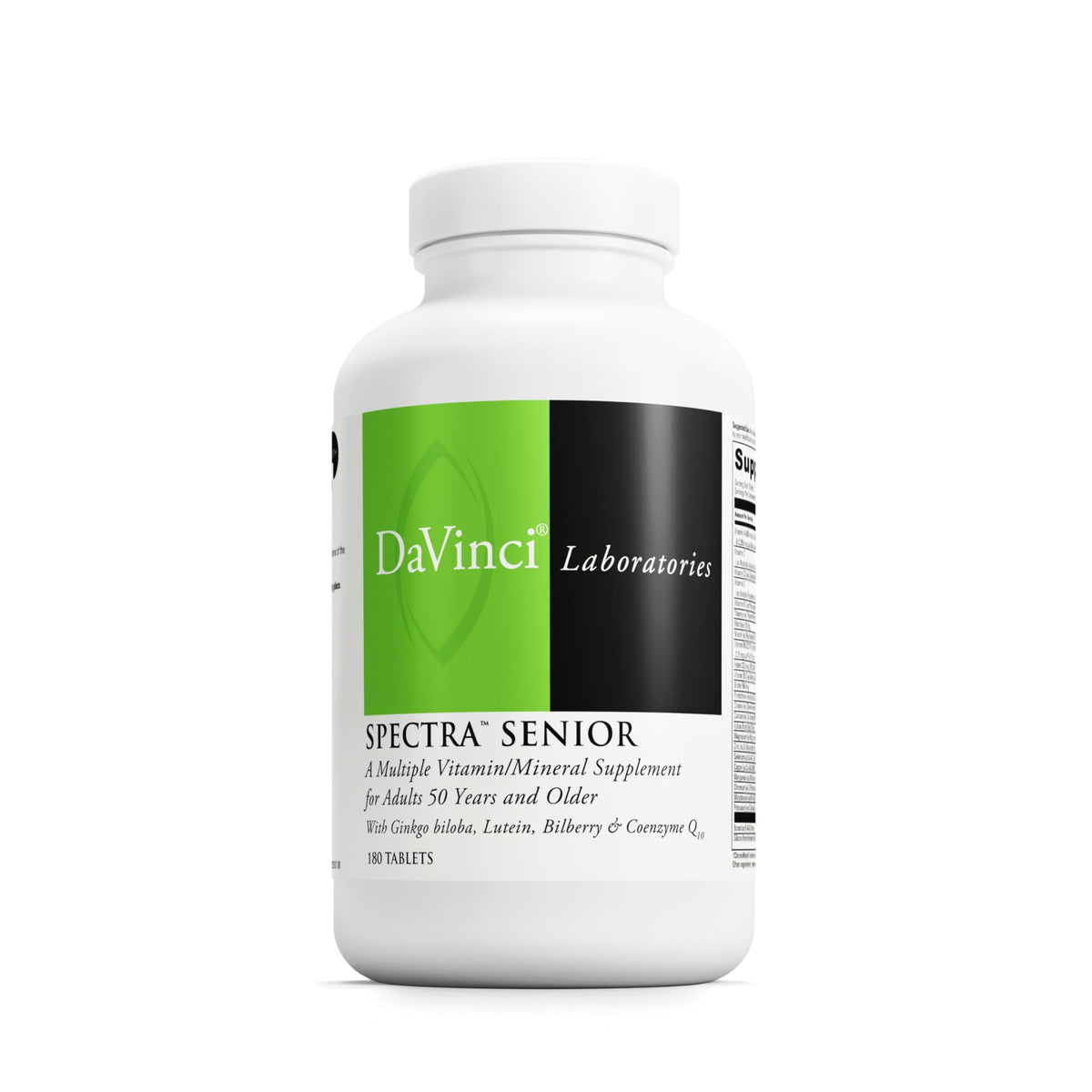 DAVINCI Spectra Senior bottle front view highlighting cardiovascular and antioxidant support.