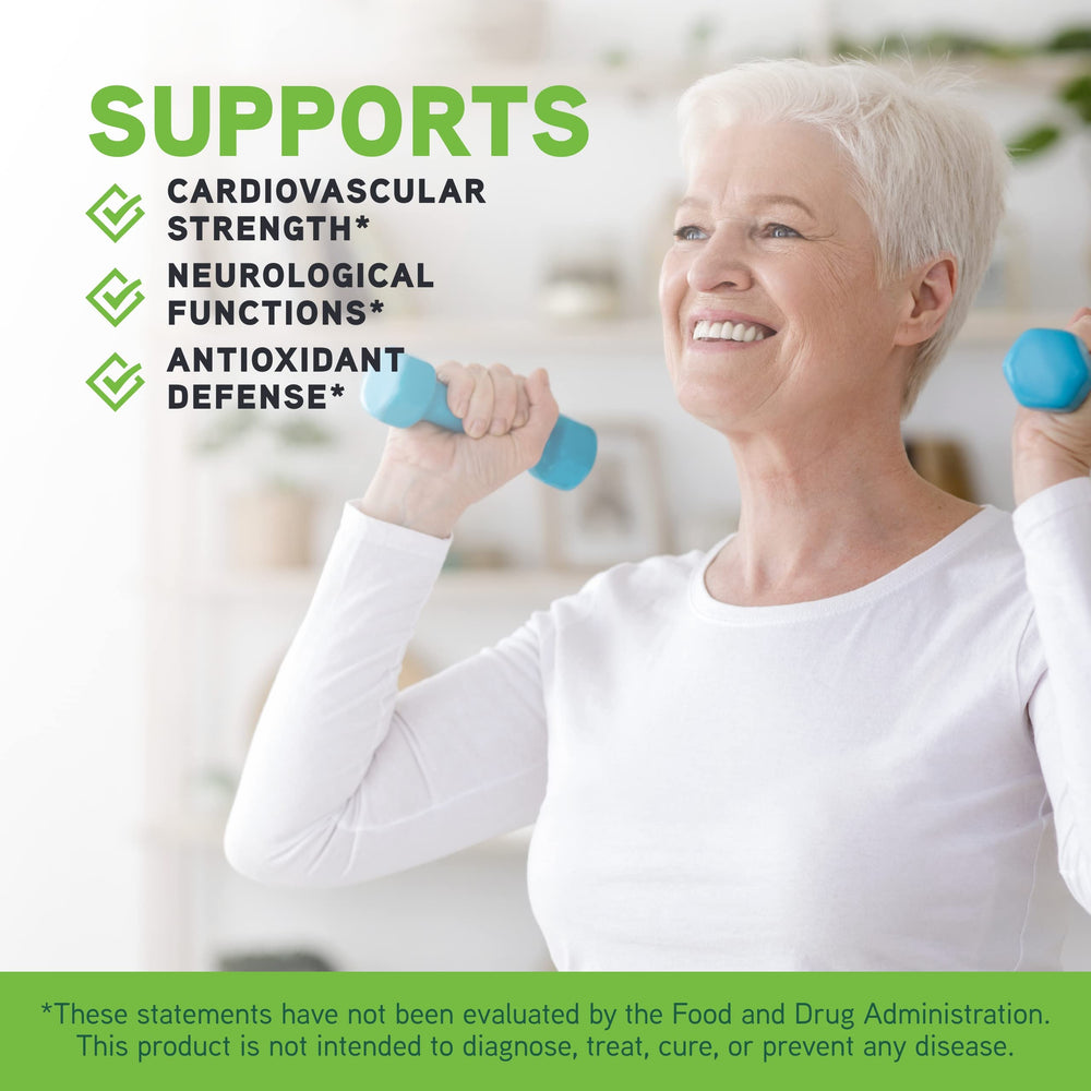 CoQ10 and bilberry components highlighted for cellular energy and eye supporting nutrients.