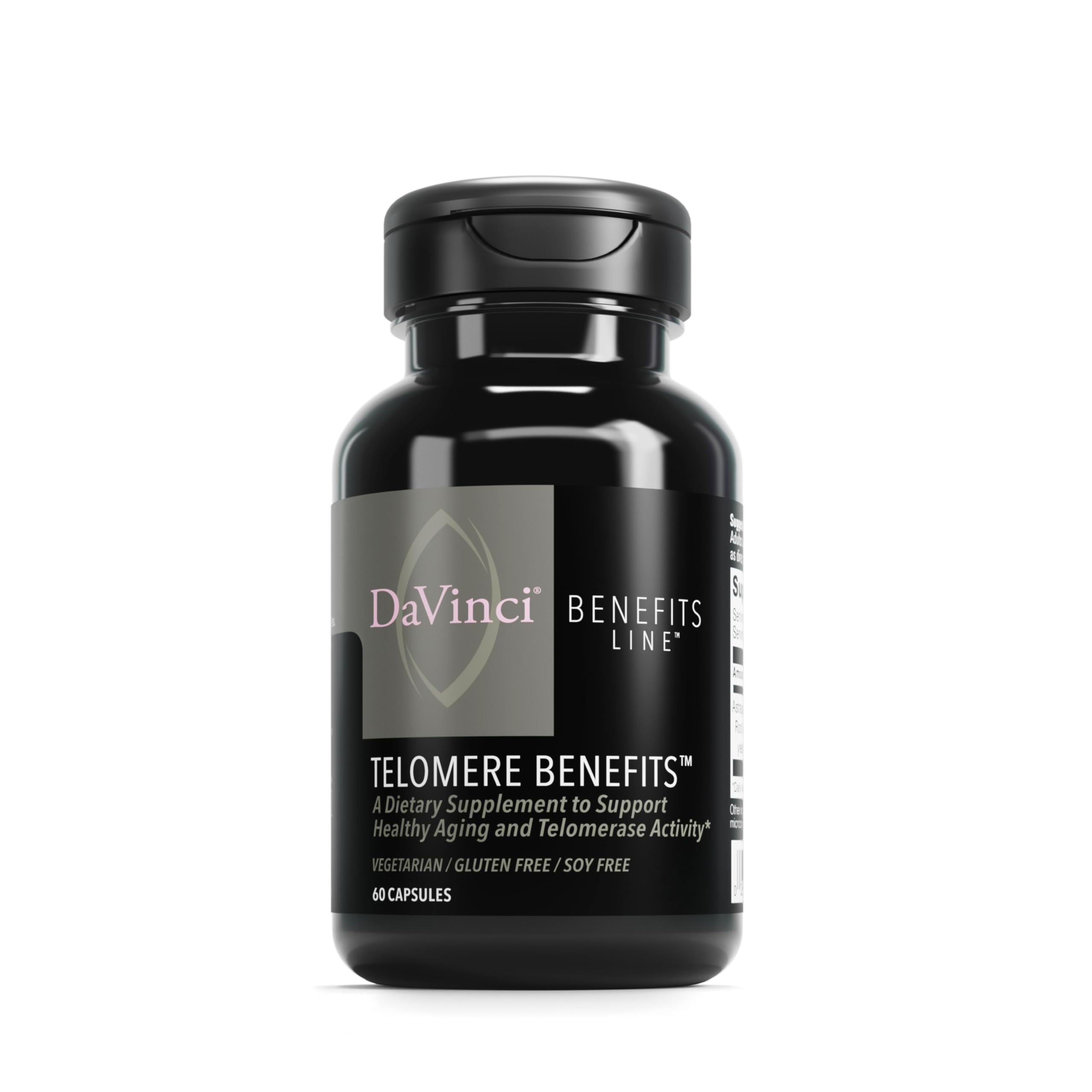 DAVINCI Telomere Benefits bottle highlighting premium aging support