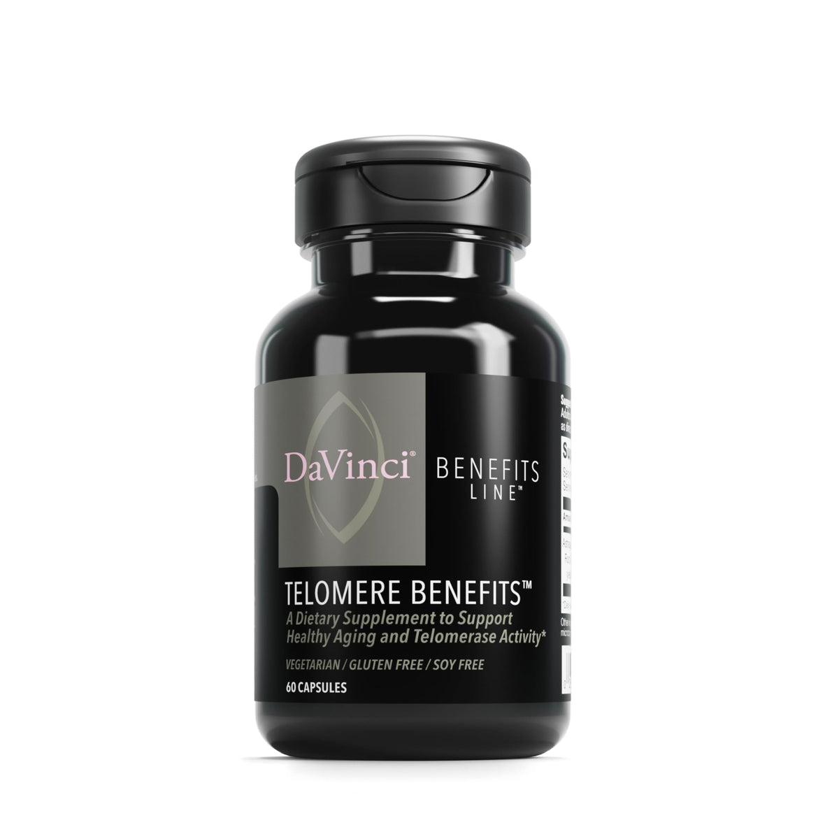 DAVINCI Telomere Benefits bottle highlighting premium aging support
