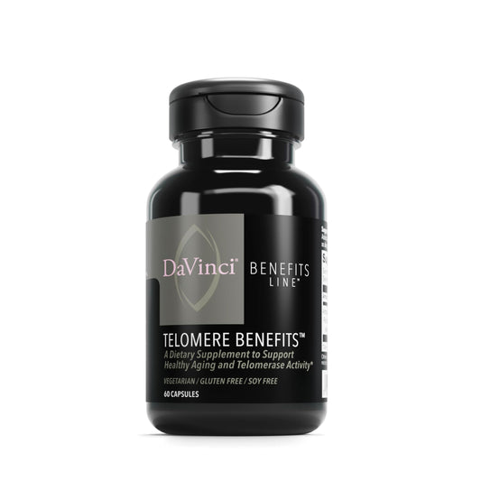 DAVINCI Telomere Benefits bottle highlighting premium aging support