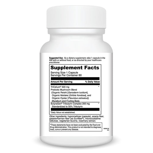 DAVINCI TriCelium mushroom blend ingredients: reishi, maitake, oyster for gut health support