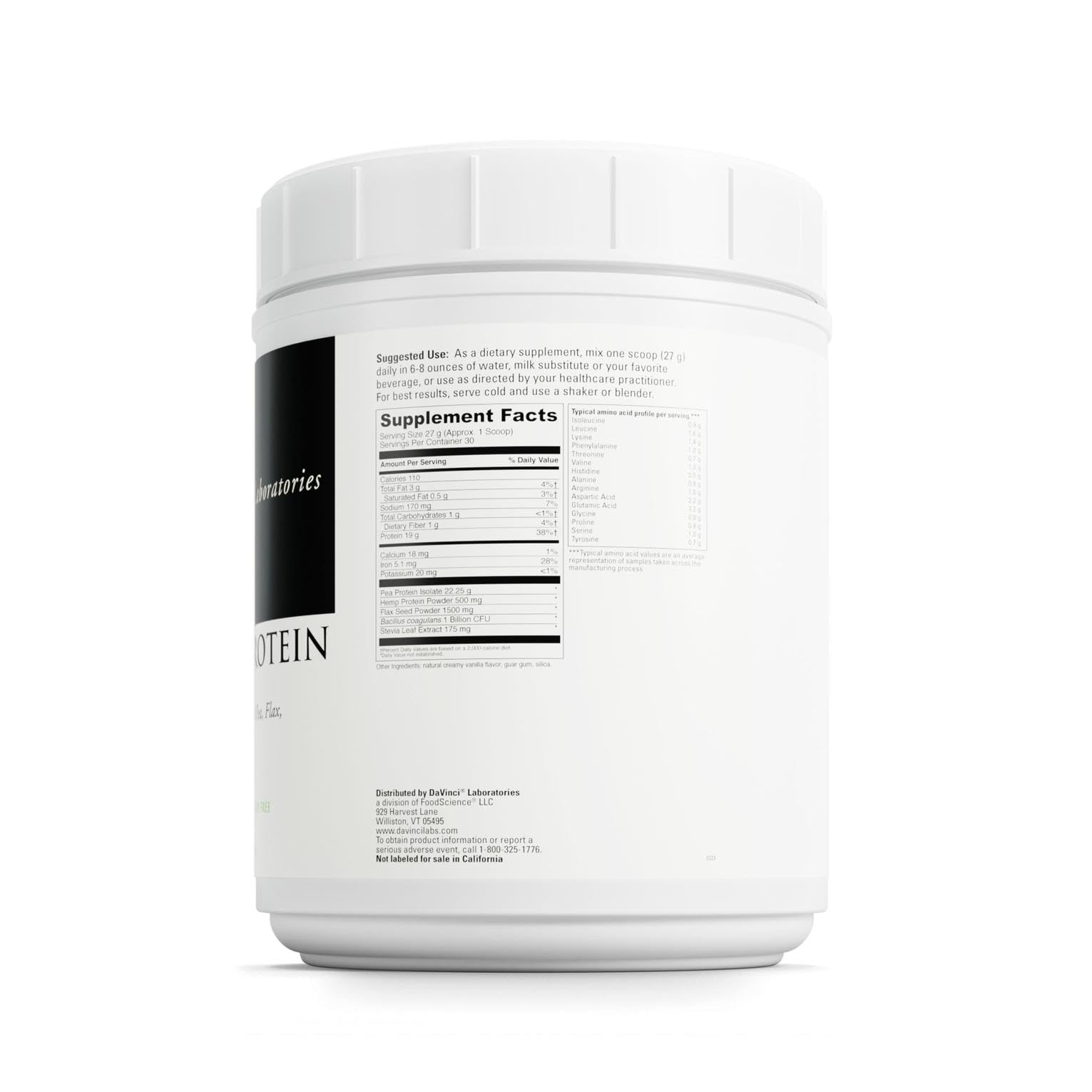 DaVinci Vegan Protein powder with pea, hemp, and flax ingredients for a complete vegan blend