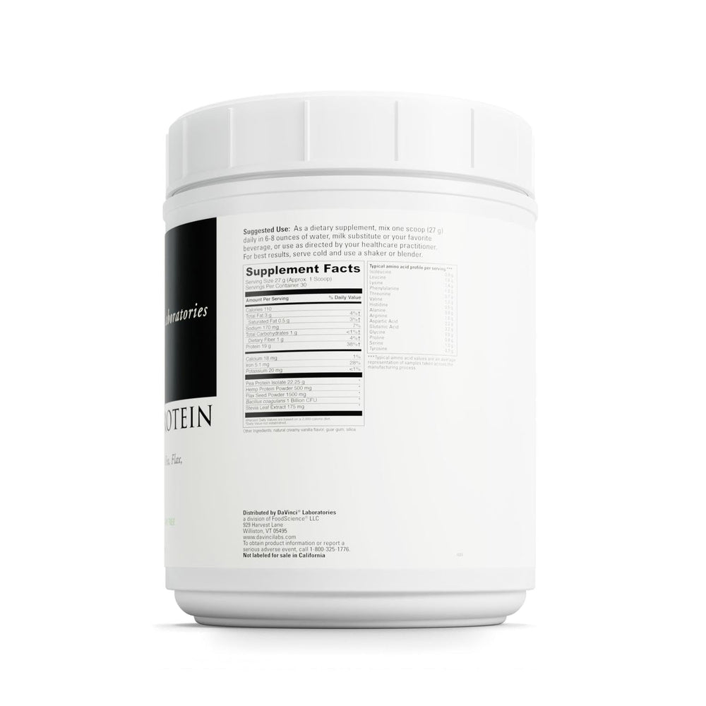 DaVinci Vegan Protein powder with pea, hemp, and flax ingredients for a complete vegan blend