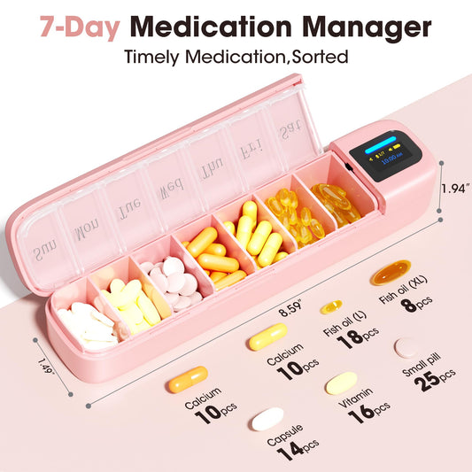 Daviky 7-day pill organizer with schedule dial keeps weekly meds neatly arranged.