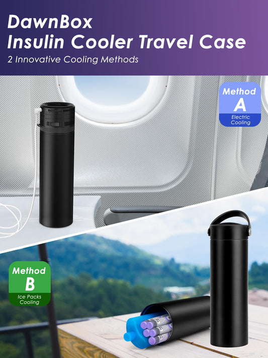 DawnBox Electric Insulin Cooler with digital display showing real-time temperature.