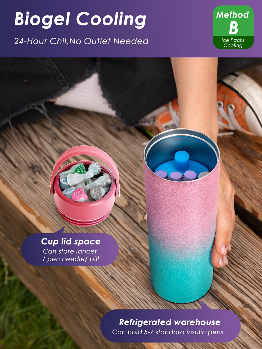 DAWNBOX stores up to 6 insulin pens or 20 bottles for family trips