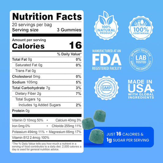 Day One Electrogummies blue raspberry gummies close-up highlighting natural electrolytes and vitamins.