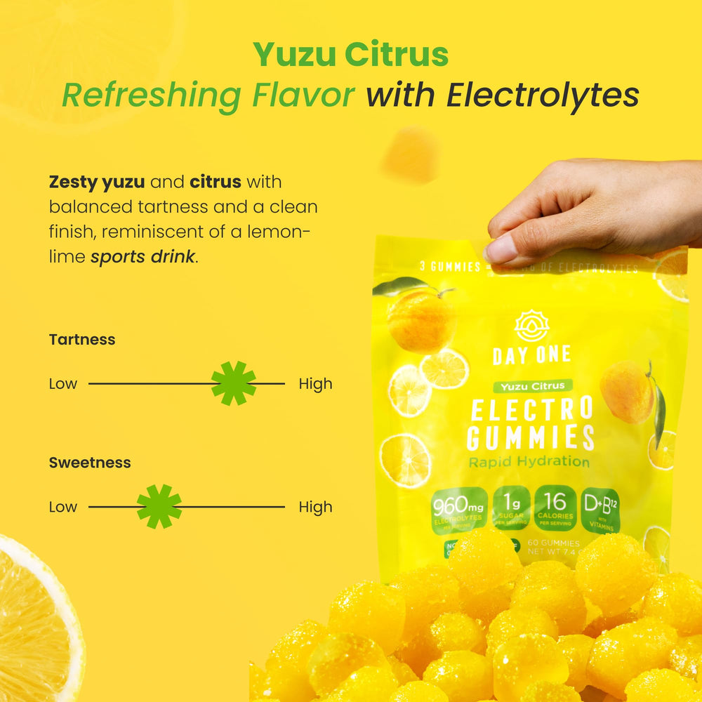 Day One Electrogummies beside running shoes for a quick electrolyte boost
