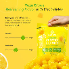 Day One Electrogummies beside running shoes for a quick electrolyte boost