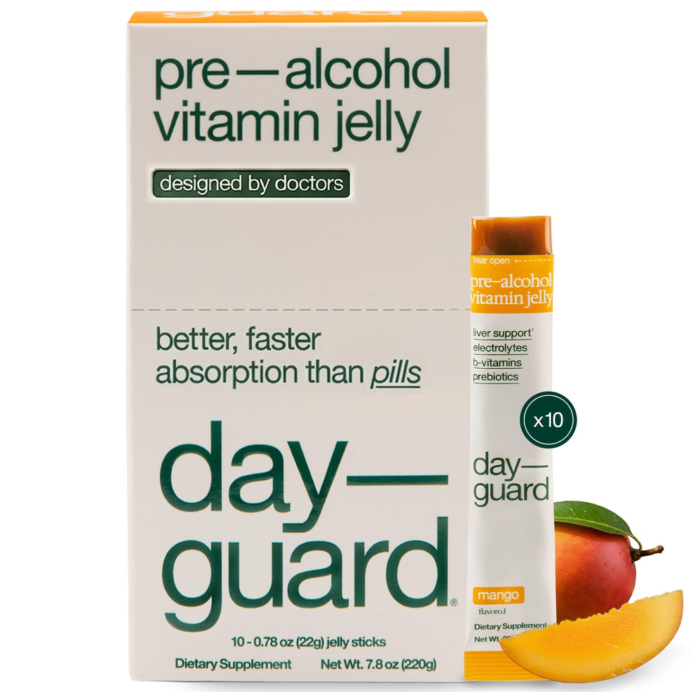 DayGuard mango jelly pack showing convenient pre-drinking support for better mornings.