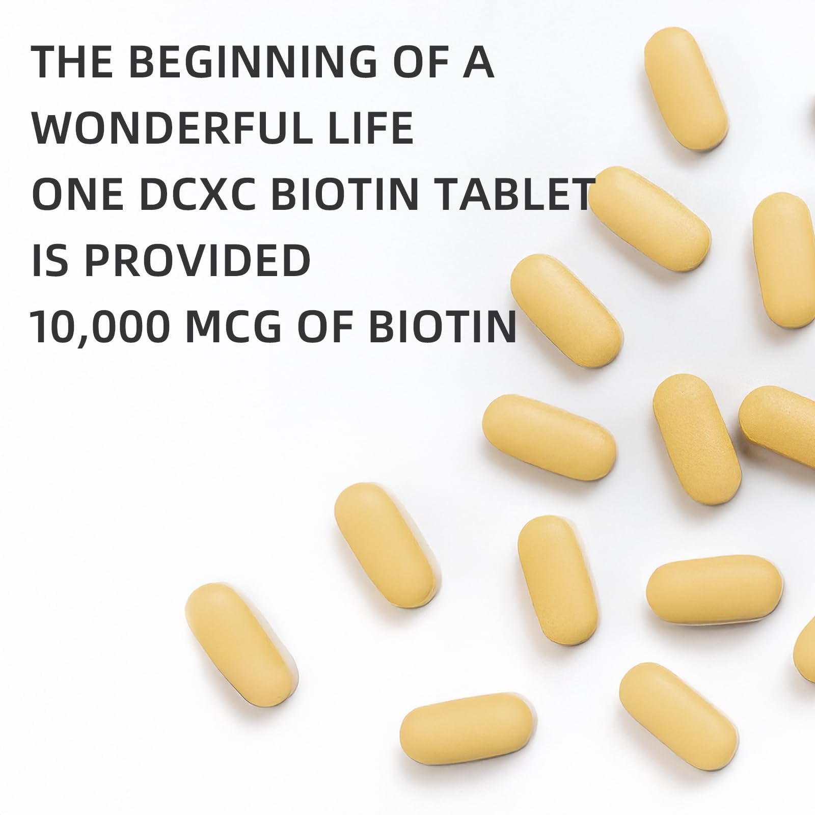 DCXC Biotin Collagen tablets on a clean surface signaling hair, skin, nails support