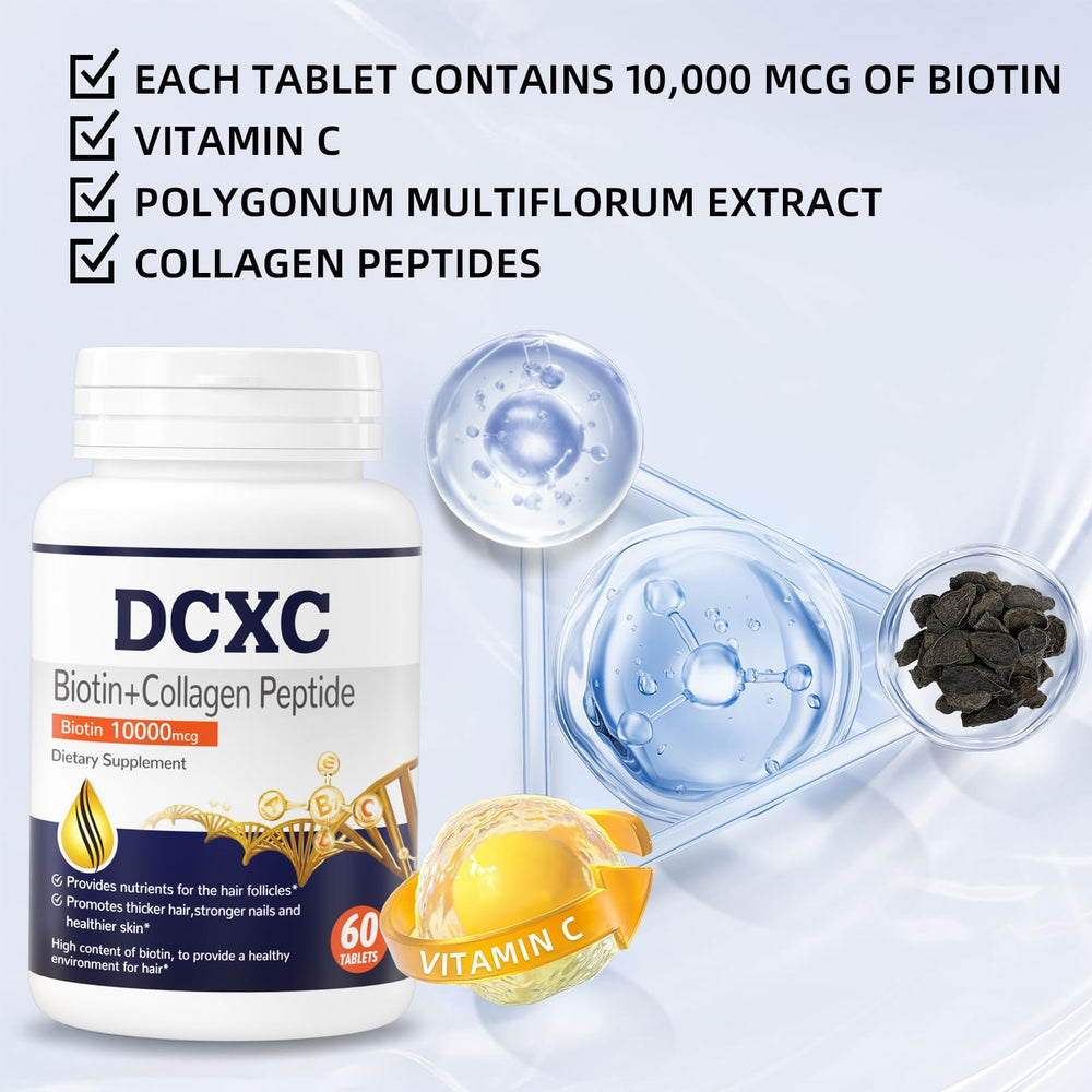 DCXC Biotin Collagen tablets label closeup highlighting ingredients for hair health