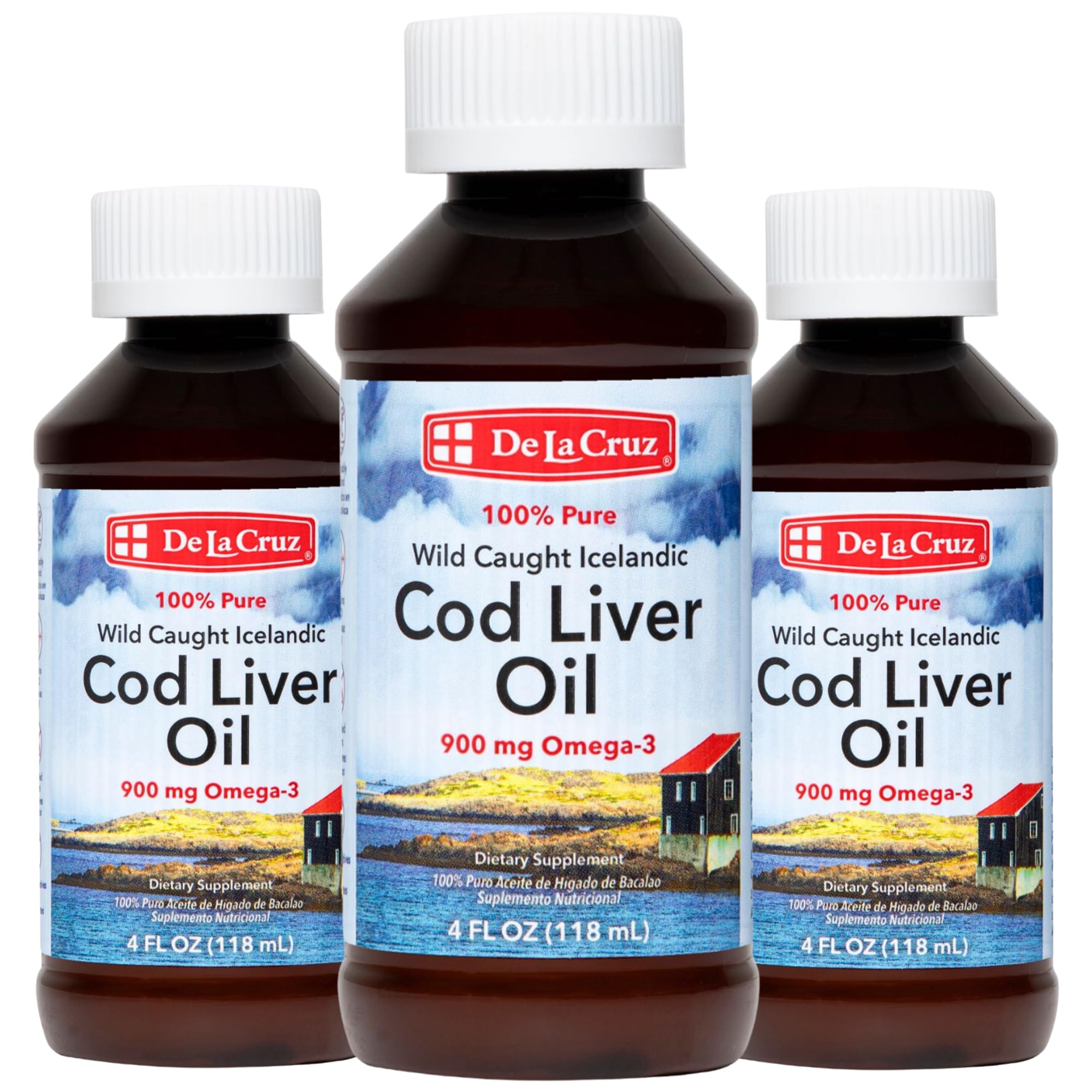 De La Cruz Cod Liver Oil Liquid bottle for daily omega-3 and vitamins