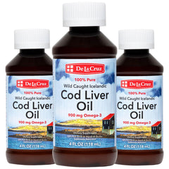 De La Cruz Cod Liver Oil Liquid bottle for daily omega-3 and vitamins