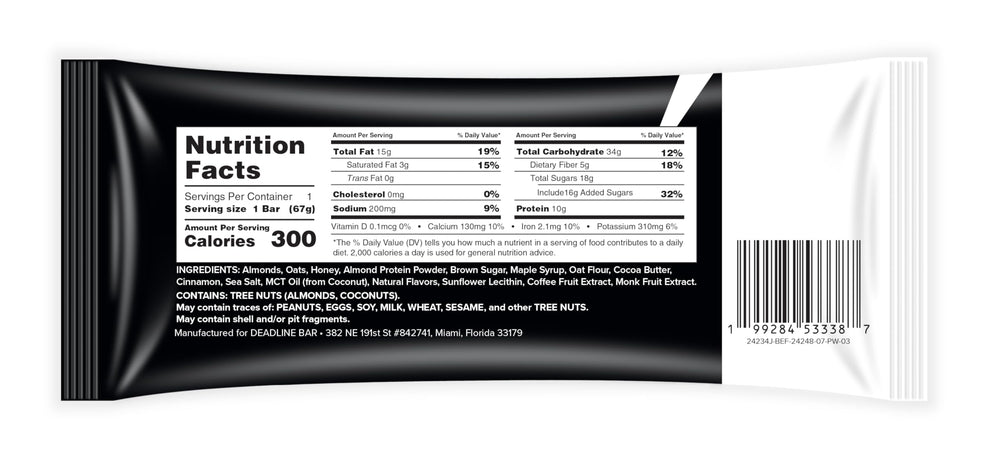 Deadline Bar Brown Sugar Almond ingredients close-up showing all-natural ingredients.