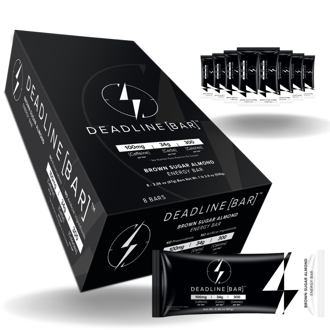 Deadline Bar Brown Sugar Almond packshot highlights convenient caffeinated energy for busy days.