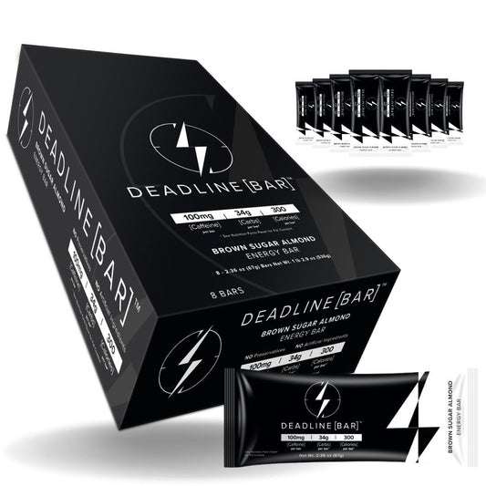 Deadline Bar Brown Sugar Almond packshot highlights convenient caffeinated energy for busy days.